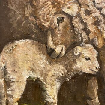 Картина под названием "Mother sheep love" - Mishanina_art, Подлинное произведение искусства, Масло