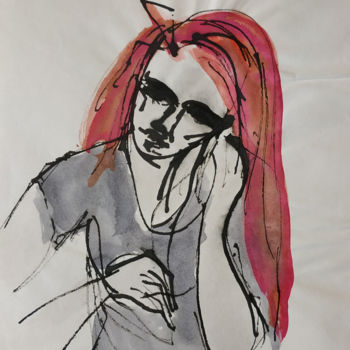 Peinture intitulée "Femme pensive" par Missterre Apocalypse, Œuvre d'art originale, Encre