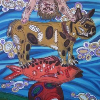 Painting titled "Kinder hund Fische" by Misti Freeman, Original Artwork
