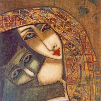 Painting titled "Embrace with a kitt…" by Peter Mitchev, Original Artwork, Oil