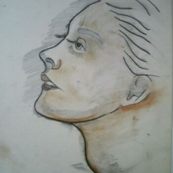 Drawing titled "Jeune Femme" by Mi Tina, Original Artwork, Conté