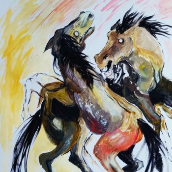 Peinture intitulée "Combat de chevaux" par Miu, Œuvre d'art originale, Huile