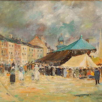 Schilderij getiteld "Le Marché à Trouvil…" door Raymond Boduin, Origineel Kunstwerk, Olie