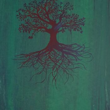 제목이 "Levensboom groen/ro…"인 판화 Mi-Jeanne Blansjaar로, 원작, 스크린 인쇄