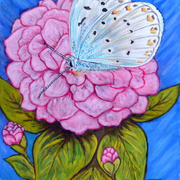 Malerei mit dem Titel "Camélia et papillon" von Marie-Josée Reyes, Original-Kunstwerk, Aquarell