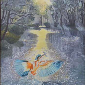 Painting titled "Le martin pêcheur" by Marie-Josée Reyes, Original Artwork, Oil