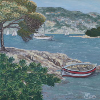 Schilderij getiteld "Les îles de Lerins" door Marie-Josée Reyes, Origineel Kunstwerk, Olie