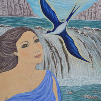 Painting titled "L'oiseau bleu" by Marie-Josée Reyes, Original Artwork, Oil Mounted on Wood Stretcher frame