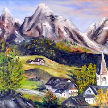 Pittura intitolato "Hameau de montagne" da Marie-Josée Reyes, Opera d'arte originale, Olio
