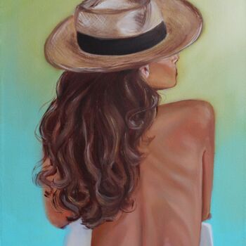 Painting titled "Lady with a hat" by Mkate, Original Artwork, Oil Mounted on Wood Stretcher frame