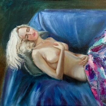 Painting titled "Sleeping Venus" by Mkate, Original Artwork, Oil Mounted on Cardboard