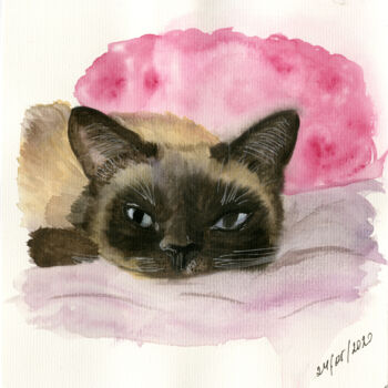 Painting titled "Grey cat" by Mkate, Original Artwork, Watercolor