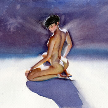 Painting titled "Nude Lady" by Mkate, Original Artwork, Watercolor