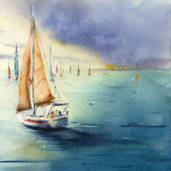 Картина под названием "Sailing regatta" - Mkate, Подлинное произведение искусства, Акварель