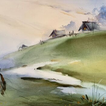 Painting titled "Morning in the vill…" by Mkate, Original Artwork, Watercolor