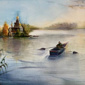 Painting titled "Fisherman on the ri…" by Mkate, Original Artwork, Watercolor
