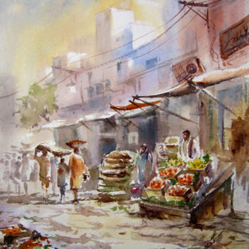 Painting titled "sabzi mandi" by M Kazmi, Original Artwork, Watercolor