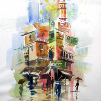 Painting titled "rainy-lahore.jpg" by Mkazmi, Original Artwork, Watercolor