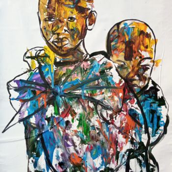 Painting titled "Little sister and b…" by Jafeth Moiane, Original Artwork, Acrylic