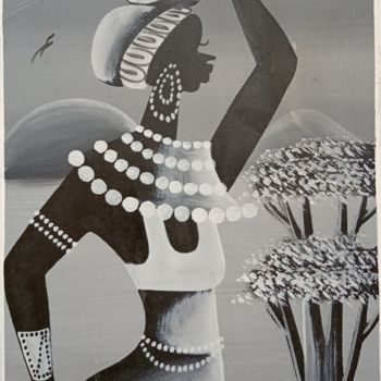Pittura intitolato "Woman Carrying pot…" da Jafeth Moiane, Opera d'arte originale, Olio