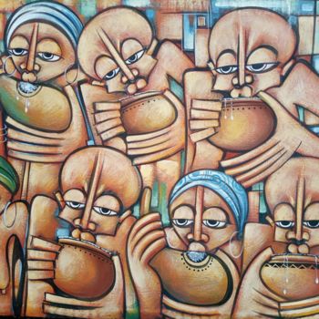 Pintura intitulada "Village people part…" por Jafeth Moiane, Obras de arte originais, Óleo