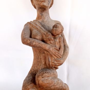 Sculpture titled "African woman and b…" by Jafeth Moiane, Original Artwork, Wood