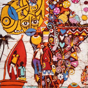 Schilderij getiteld "Map of Africa batik…" door Jafeth Moiane, Origineel Kunstwerk, Was