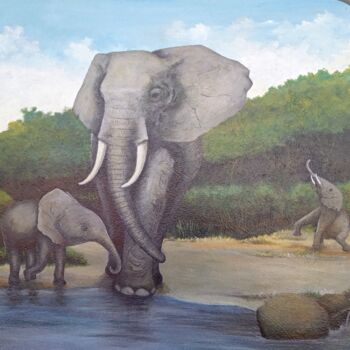 Painting titled "The elephants" by Jafeth Moiane, Original Artwork, Acrylic