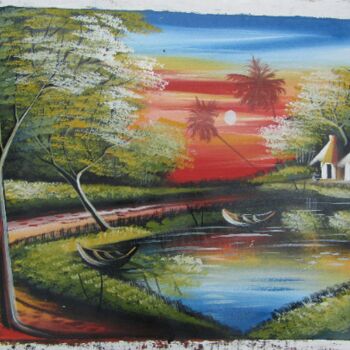 Painting titled "The village,river a…" by Jafeth Moiane, Original Artwork, Oil