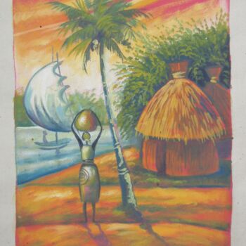 Pintura intitulada "Woman and fishing" por Jafeth Moiane, Obras de arte originais, Acrílico