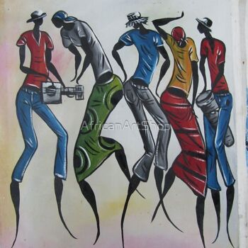 Painting titled "African village peo…" by Jafeth Moiane, Original Artwork, Oil