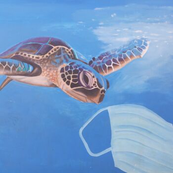 Картина под названием "Turtle and mask" - Jafeth Moiane, Подлинное произведение искусства, Акрил