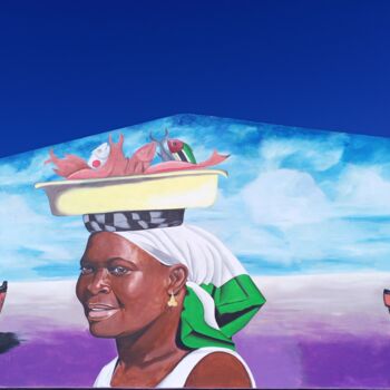 Malerei mit dem Titel "Woman selling fish" von Jafeth Moiane, Original-Kunstwerk, Acryl