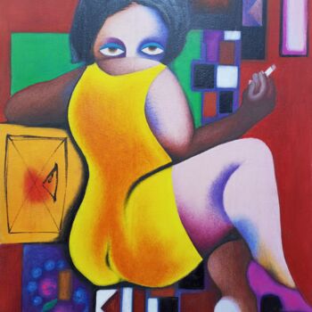 Картина под названием "Cigarette lover wom…" - Jafeth Moiane, Подлинное произведение искусства, Акрил