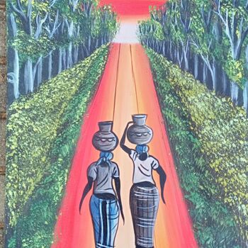 Peinture intitulée "African village wom…" par Jafeth Moiane, Œuvre d'art originale, Acrylique