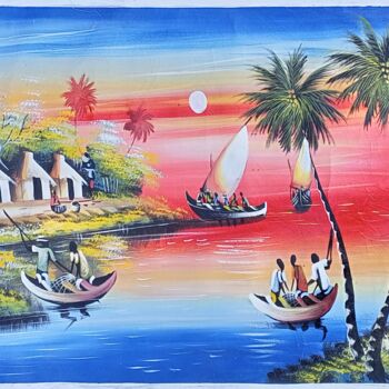 Painting titled "Fisherman fishing" by Jafeth Moiane, Original Artwork, Acrylic