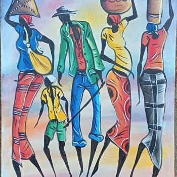 Painting titled "African village fam…" by Jafeth Moiane, Original Artwork, Acrylic