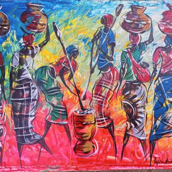 Painting titled "African village wom…" by Jafeth Moiane, Original Artwork, Acrylic