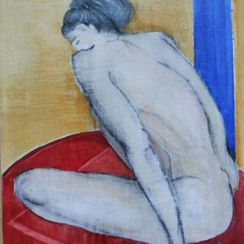 Malerei mit dem Titel "Home au coussin rou…" von Martine Lecouvreux, Original-Kunstwerk, Öl