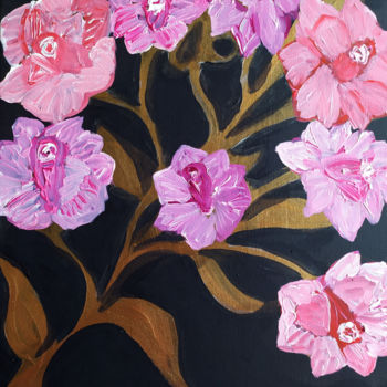 Peinture intitulée "fleurs roses fond n…" par Mokhtaria Lesturgez, Œuvre d'art originale, Acrylique