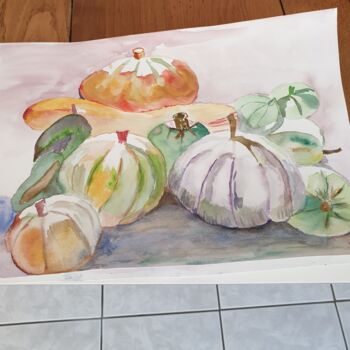 「Melon et courges」というタイトルの絵画 Muguette Maurcotによって, オリジナルのアートワーク, 水彩画