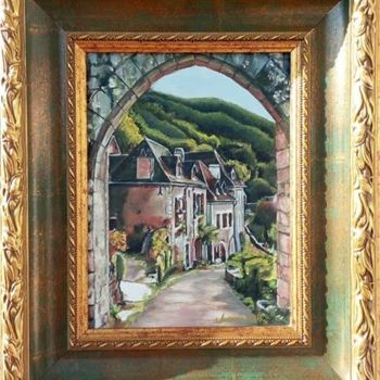 Painting titled "Little houses" by Margaréta Moravszki, Original Artwork, Oil Mounted on Wood Stretcher frame