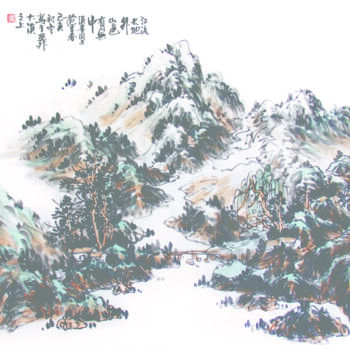 Painting titled "一水山色  范建春国画山水作品" by Mo Mo Yuan Fan, Original Artwork, Ink Mounted on Wood Panel