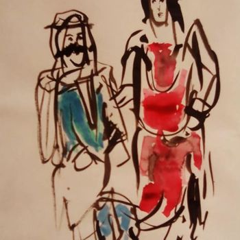 Drawing titled "Couple arabe" by Mohamed Barnat, Original Artwork, Watercolor