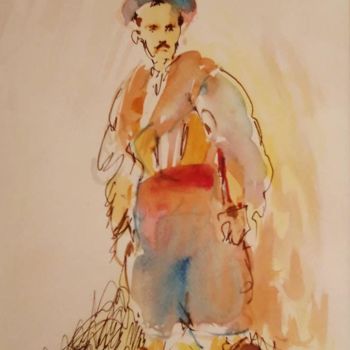 Drawing titled "Cavalier arabe" by Mohamed Barnat, Original Artwork, Watercolor