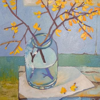 Painting titled "spring twigs" by Taisiia Menigecheva, Original Artwork, Oil Mounted on Wood Stretcher frame