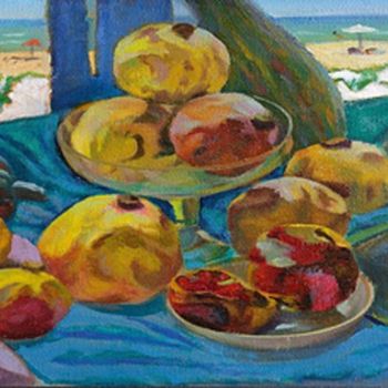 Painting titled "Pumpkins and pomegr…" by Moesey Li, Original Artwork, Oil