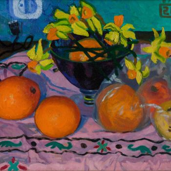 Pittura intitolato "Oranges and narcissi" da Moesey Li, Opera d'arte originale, Olio