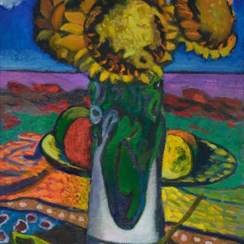 Painting titled "Sunflowers" by Moesey Li, Original Artwork, Oil