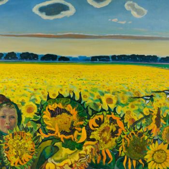 Картина под названием "Field of sunflowers" - Moesey Li, Подлинное произведение искусства, Масло